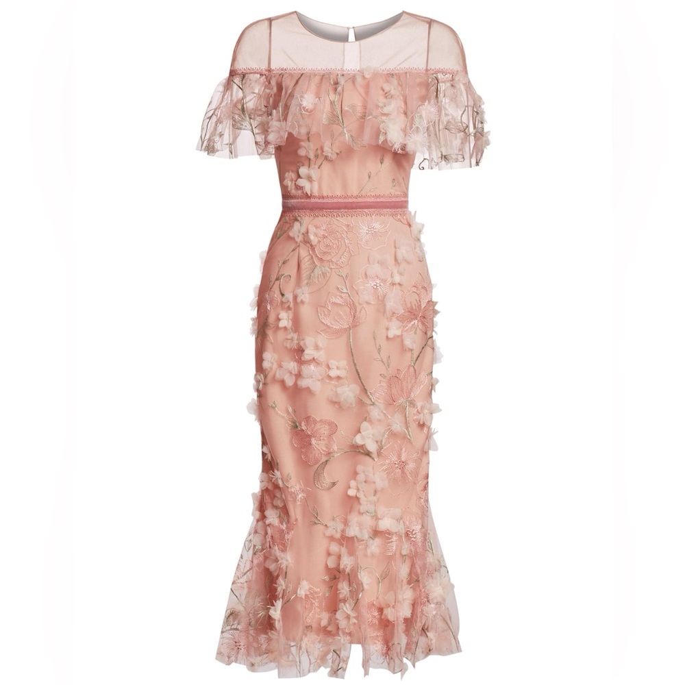 Marchesa Notte Velvet-trimmed appliquéd embroidered tulle midi dress